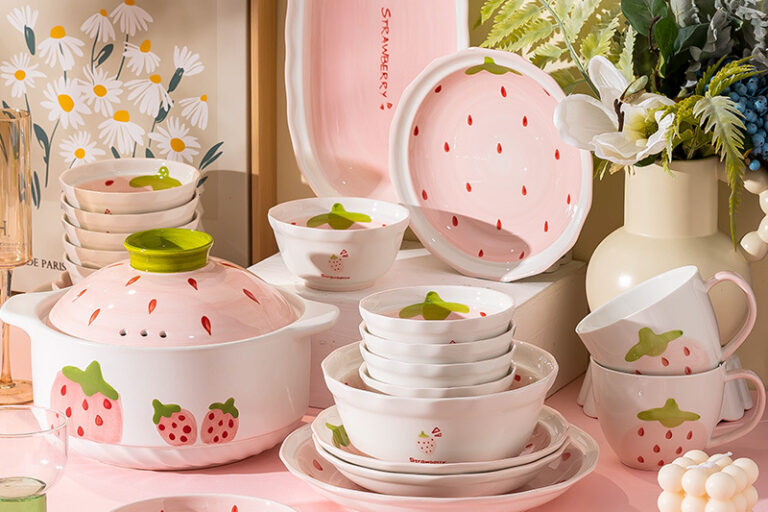 Ceramic Strawberry Dinnerware with Adorable Fruit Design (6) Cute Strawberry Crockery Dinner Set for Kitchen or Gift Shop