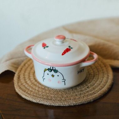 Hand-painted ceramic salad bowl with lid and handle