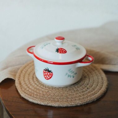 Hand-painted ceramic salad bowl with lid and handle