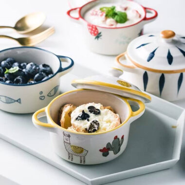 Hand-painted ceramic salad bowl with lid and handle