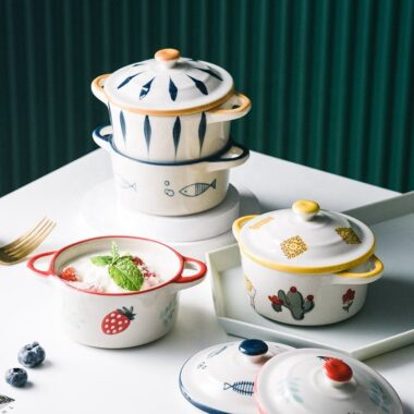 Hand-painted ceramic salad bowl with lid and handle