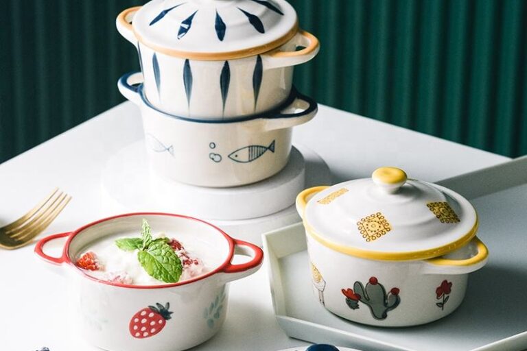 Hand-painted ceramic salad bowl with lid and handle