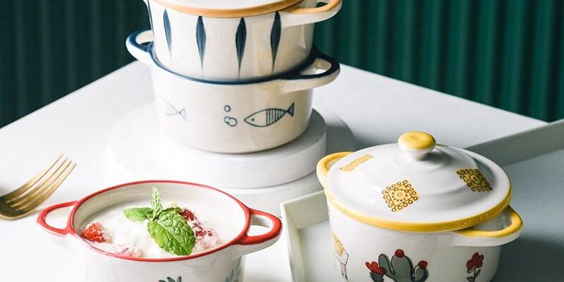 Hand-painted ceramic salad bowl with lid and handle