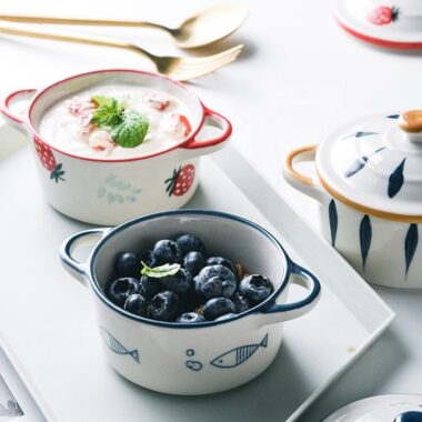 Hand-painted ceramic salad bowl with lid and handle