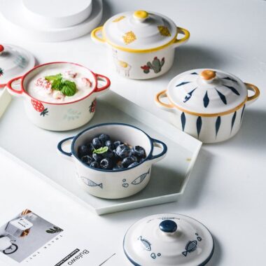 Hand-painted ceramic salad bowl with lid and handle