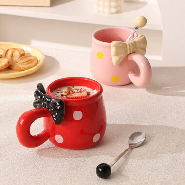3D bow tie ceramic mugs in pastel colors on white background