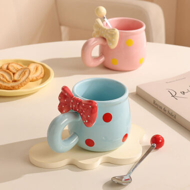 3D bow tie ceramic mugs in pastel colors on white background