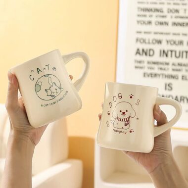 Cartoon cat and dog ceramic mugs – cute crockery for coffee and tea