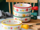Cute ceramic bowl with colorful handle and printed pattern
