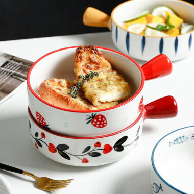 Cute ceramic bowl with colorful handle and printed pattern