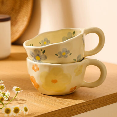 Vintage floral hand-painted ceramic mugs and cups in cream crockery style