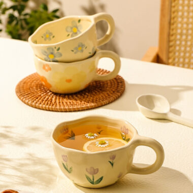 Vintage floral hand-painted ceramic mugs and cups in cream crockery style