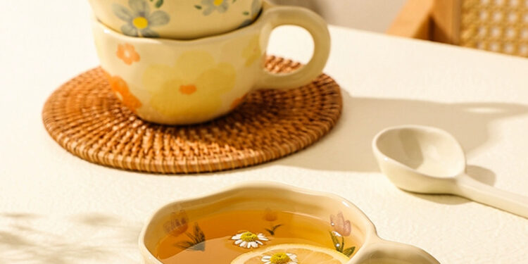 Vintage floral hand-painted ceramic mugs and cups in cream crockery style