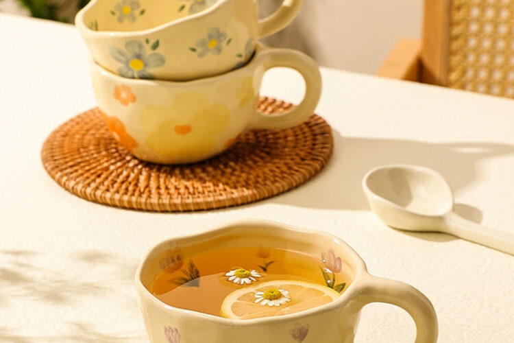 Vintage floral hand-painted ceramic mugs and cups in cream crockery style