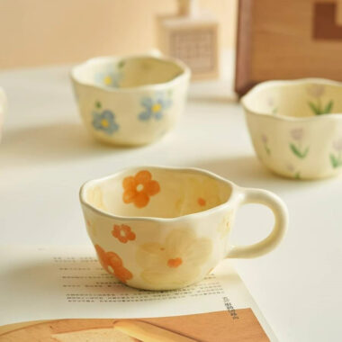 Vintage floral hand-painted ceramic mugs and cups in cream crockery style