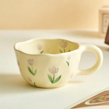 Vintage floral hand-painted ceramic mugs and cups in cream crockery style