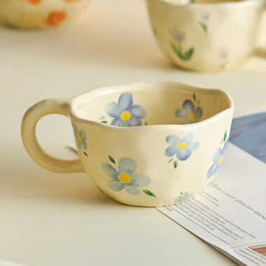 Vintage floral hand-painted ceramic mugs and cups in cream crockery style