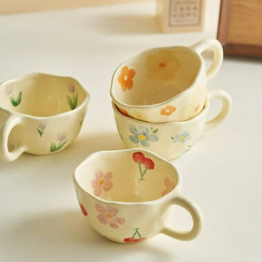 Vintage floral hand-painted ceramic mugs and cups in cream crockery style