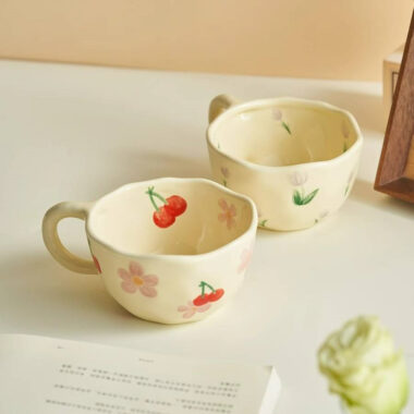 Vintage floral hand-painted ceramic mugs and cups in cream crockery style