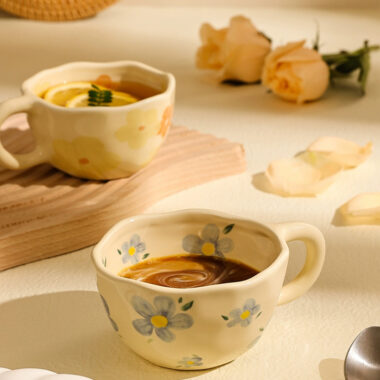 Vintage floral hand-painted ceramic mugs and cups in cream crockery style