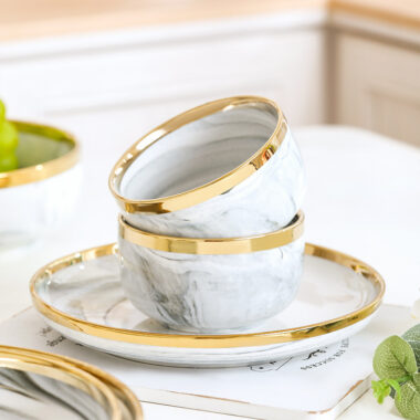 Nordic Marble Ceramic Dinner Set with Gold Rim for Elegant Dining