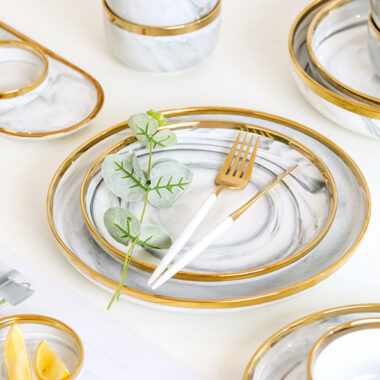 Nordic Marble Ceramic Dinner Set with Gold Rim for Elegant Dining