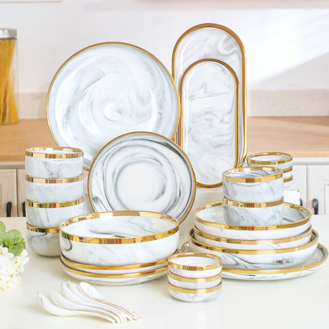 Nordic Marble Ceramic Dinner Set with Gold Rim for Elegant Dining
