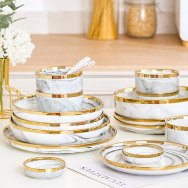 Nordic Marble Ceramic Dinner Set with Gold Rim for Elegant Dining