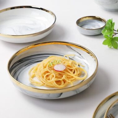 Nordic Marble Ceramic Dinner Set with Gold Rim for Elegant Dining