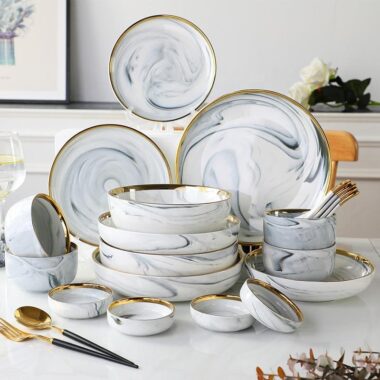 Nordic Marble Ceramic Dinner Set with Gold Rim for Elegant Dining