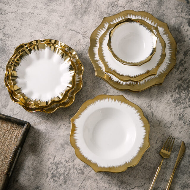 Nordic minimalist crockery with irregular shape and gold rim