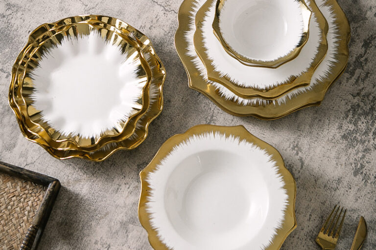 Irregular gold rim Scandinavian-style plates and dishes crockery (8) Nordic minimalist crockery with irregular shape and gold rim