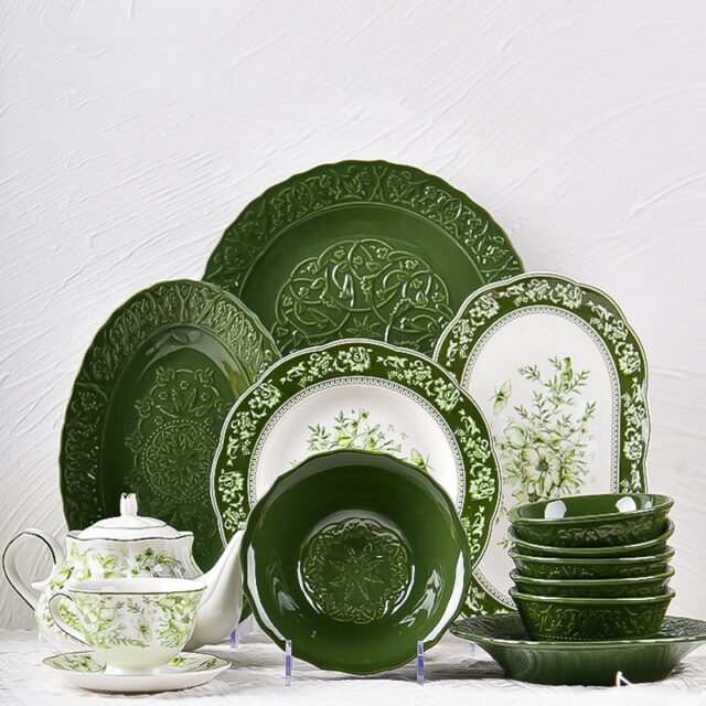 French Vintage Deep Green Crockery Dinner Set