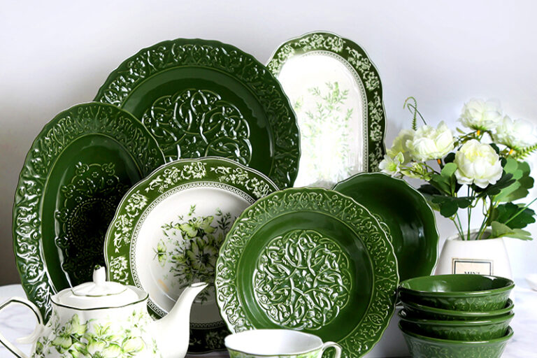 Luxury French Style Green Ceramic Dinnerware (5) French Vintage Deep Green Crockery Dinner Set