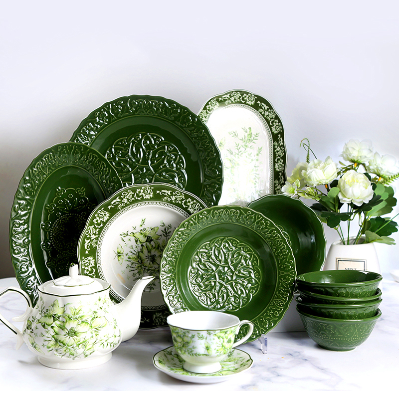 French Vintage Deep Green Crockery Dinner Set