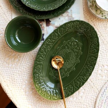French Vintage Deep Green Crockery Dinner Set