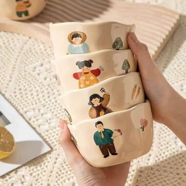 Thickened cartoon heat-resistant family ceramic bowls crockery