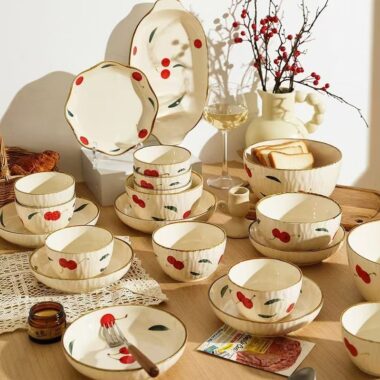 Cherry pattern porcelain crockery dinner sets for daily home dining