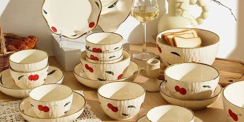 Cherry pattern porcelain crockery dinner sets for daily home dining