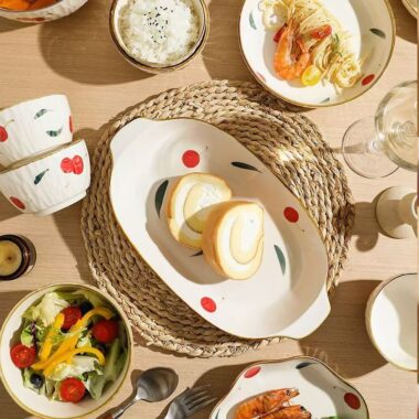 Cherry pattern porcelain crockery dinner sets for daily home dining