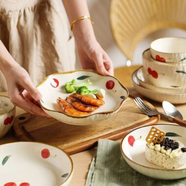 Cherry pattern porcelain crockery dinner sets for daily home dining