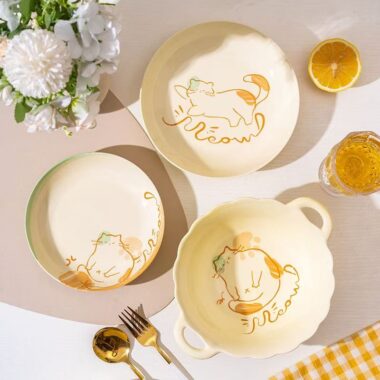 Cute cream-style cat crockery dinner sets for home