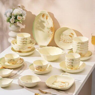 Cute cream-style cat crockery dinner sets for home