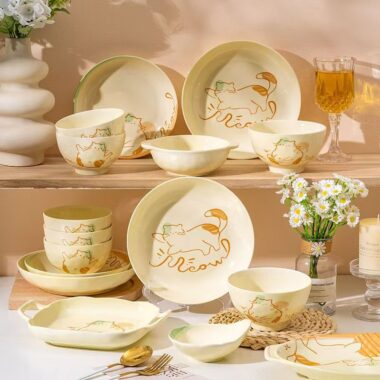 Cute cream-style cat crockery dinner sets for home