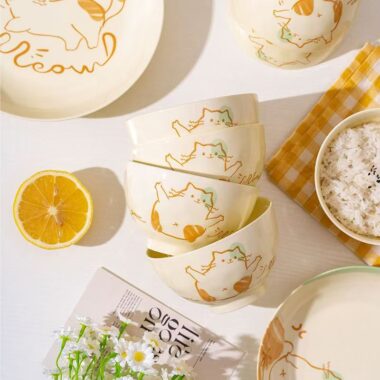 Cute cream-style cat crockery dinner sets for home
