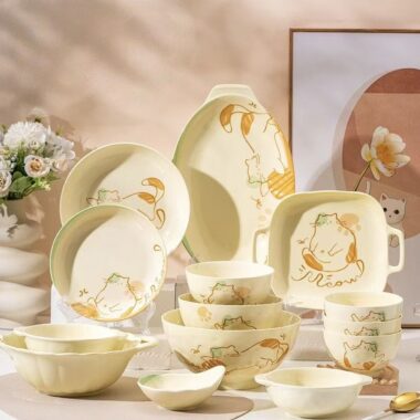 Cute cream-style cat crockery dinner sets for home