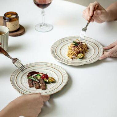 Irregular vintage ribbed ceramic plates & dishes crockery