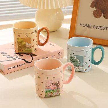 Square cartoon scenic ceramic cups & mugs crockery