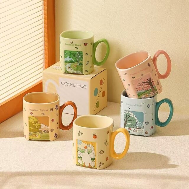 Square cartoon scenic ceramic cups & mugs crockery