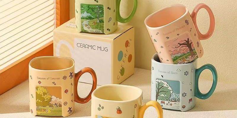 Square cartoon scenic ceramic cups & mugs crockery